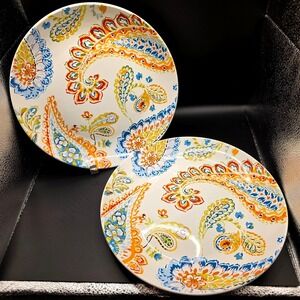 Pier 1 Imports "Happy Paisley" Dinner Plates 10.5" Set of 2 Colorful Porcelain